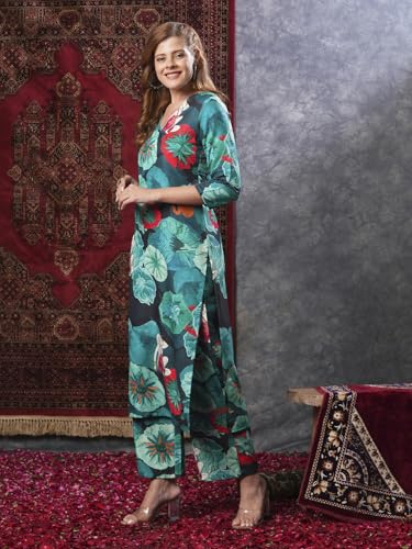 ANNI DESIGNER Womens Cotton Blend Straight Printed Kurta with Palazzo (Reena Green_S_Green_Small)