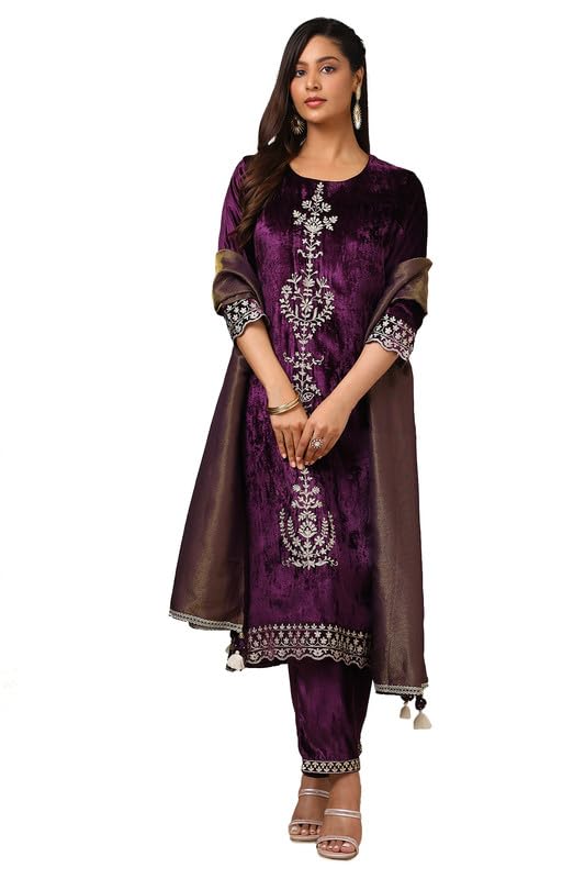 Soch Women Velvet Zari Embroidered Suit Set with Dupatta