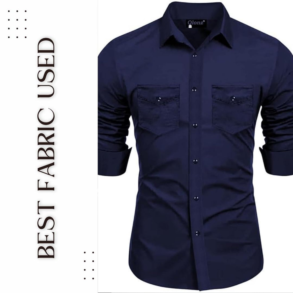 Rebelify MenS Cotton Blend Shirt With Pockets Full Sleeves Collared Neck Solid Pattern Botton Down Closure Relaxed Fit And Stan