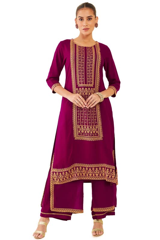 Soch Women Magenta Rayon Straight Embroidered Kurta With Layered Palazzo And Lace Insertion