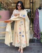 Anni Designer Women'S Chanderi Anarkali Printed Kurta With Pant & Dupatta