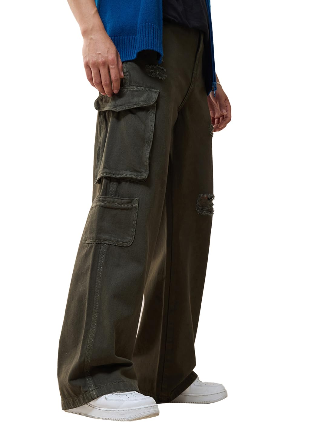 Bewakoof Mens Solid Baggy Fit Cotton Distressed Jeans_624687_Green_34