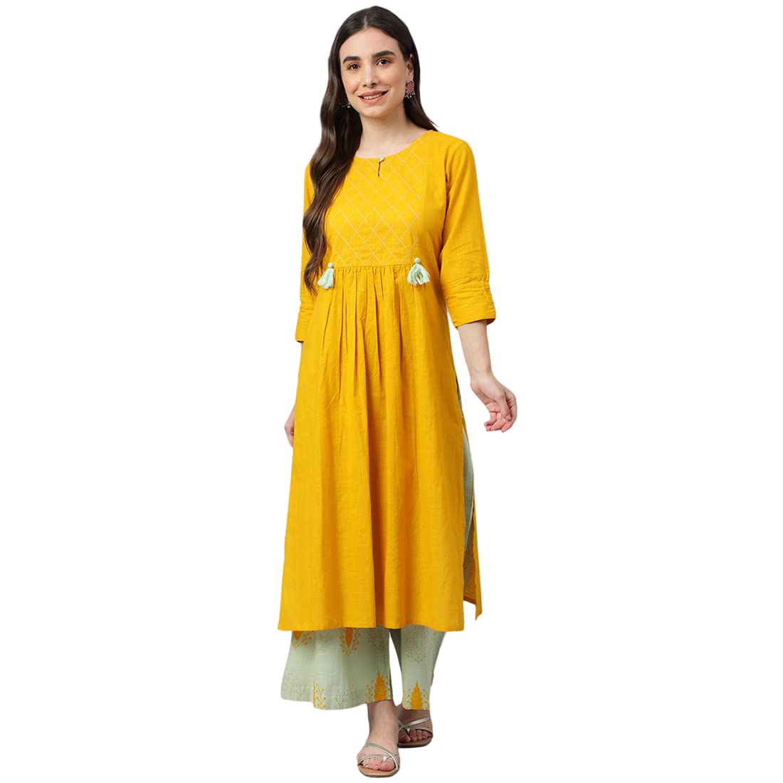 Idalia Mustard And Sage Green Cotton Kurta Set For Women
