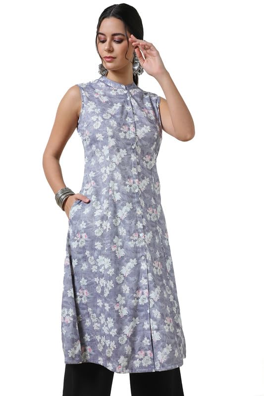 Soch Womens Purple Foil Floral Print Rayon A Line Kurta