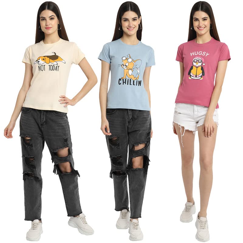Preneum Womens Cotton Regular Fit Latest Graphic Stylish Printed Short Sleeves Casual T-Shirt || Latest Trendy & Styles (Pack 3