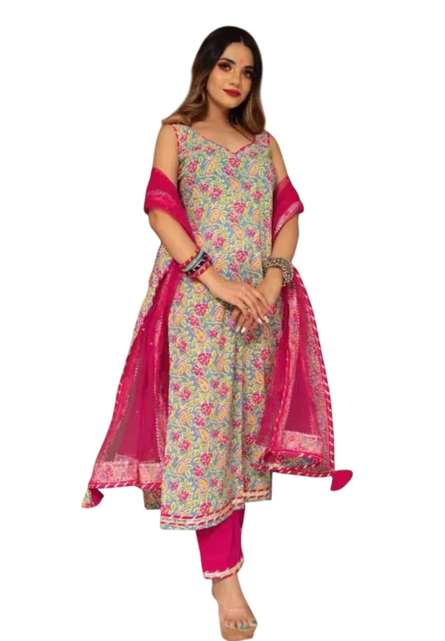 Shiv Textiles Women'S Polyster Floral Print Kurta Pant Dupatta Set(7790-Kpd-Pink-L) Sky Blue