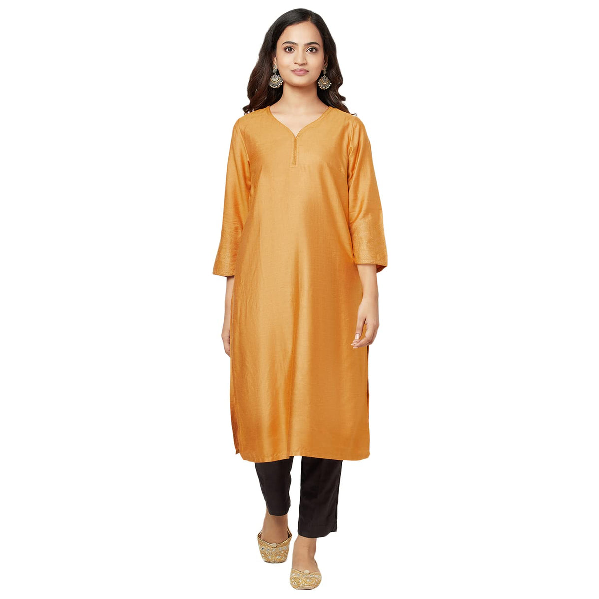 Fabindia WomenS Viscose Silk Embroidered Regular Kurta_Mustard_S