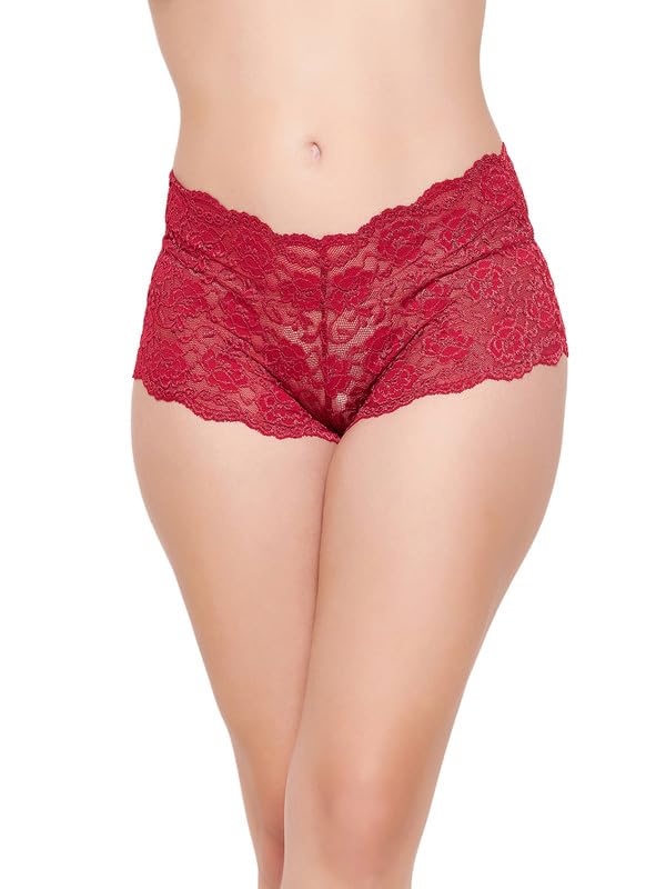 Clovia Womens Lace Low Waist Outer Elastic Boyshorts Panty (PN5035A09_Rust_S)