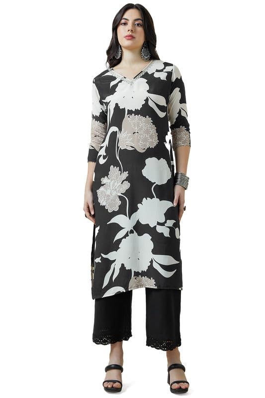 Soch Womens Black Botanical Print Viscose Muslin Kurta With Gotta Patti