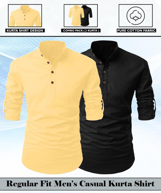 Finivo Fashion Combo Of MenS Regular Fit Cotton Blend Solid Full Sleeves Kurta | Short Kurta For Men (Pack Of 2)