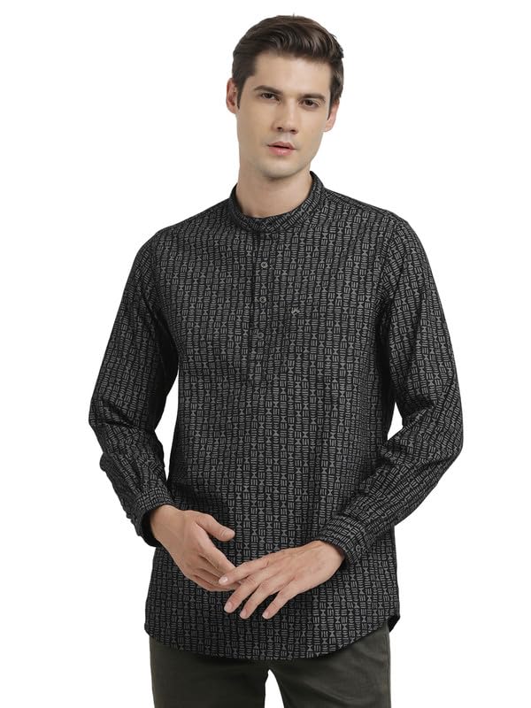 Turtle Men 100% Cotton Printed Full Sleeve Casual Black Kurta Shirt