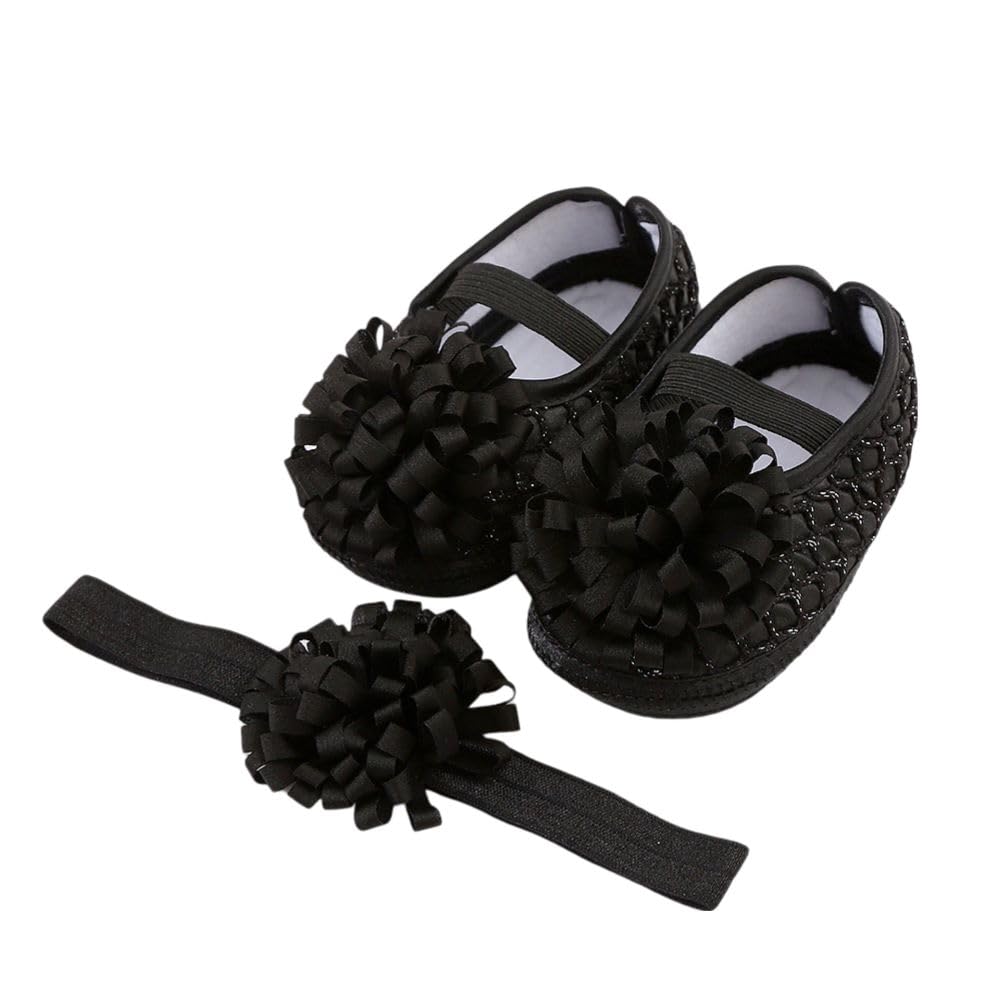 Syga Baby Flower Princess Hairband & Shoes Set Soft, Comfortable Fit For Ages 318 MonthOldS Ideal For Newborns & Toddlers(Bla 0-12