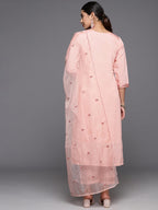 Varanga Women Peach Embroidered Kurta Paired With Tonal Bottom And Organza Embroidered Dupatta