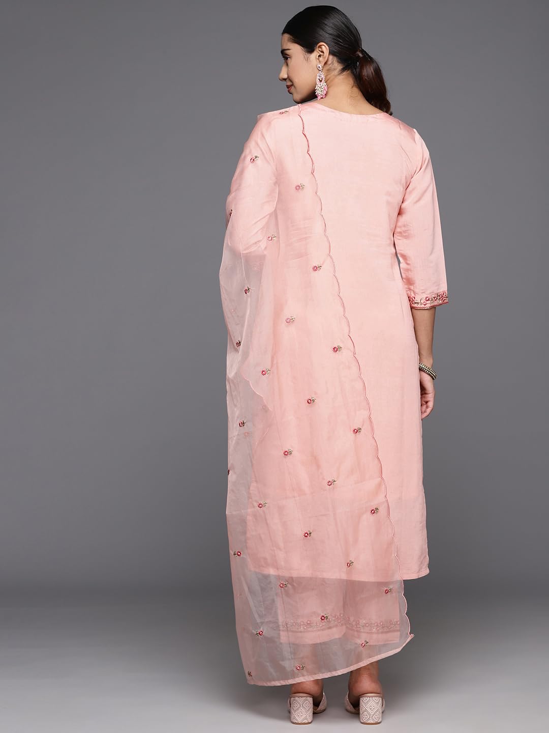 Varanga Women Peach Embroidered Kurta Paired With Tonal Bottom And Organza Embroidered Dupatta
