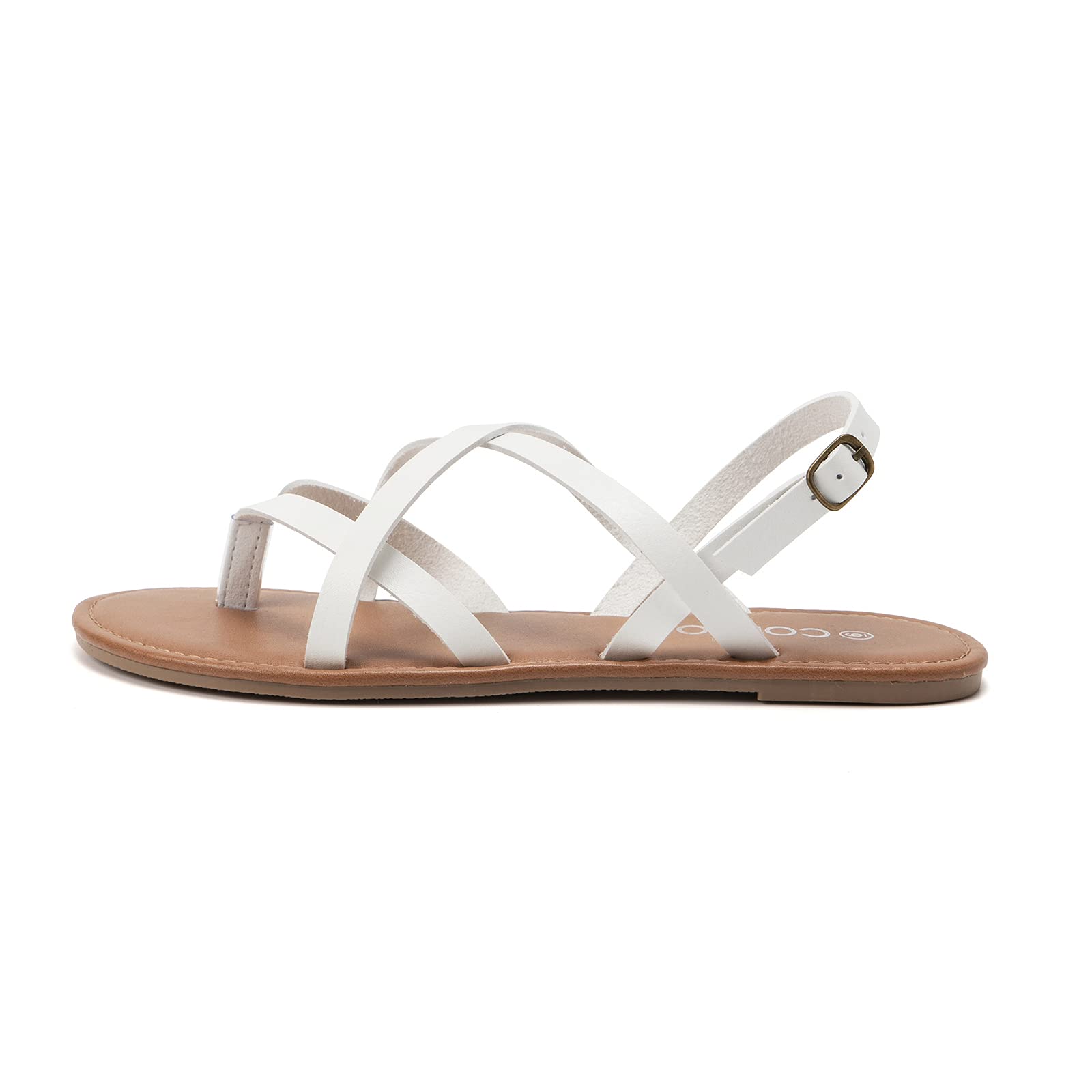 Colgo Women's Summer Strappy Flat Sandals, Adjustable Casual Fisherman Sandal with Open Toe Slingback Gladiator Sandals (7,White