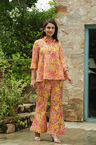 Leriya Fashion Rayon Printed Regular Stylish Ethnic Co Ord Designer Kurta Set For Women (Lf-W2146&Tr1113_Yellow_Error:#Ref)