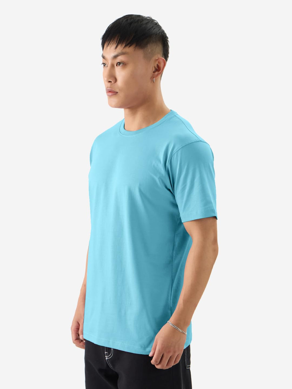 The Souled Store Solids: Airy Blue Men and Boys Short Sleeves Round Neck Regular Fit Cotton T-Shirts