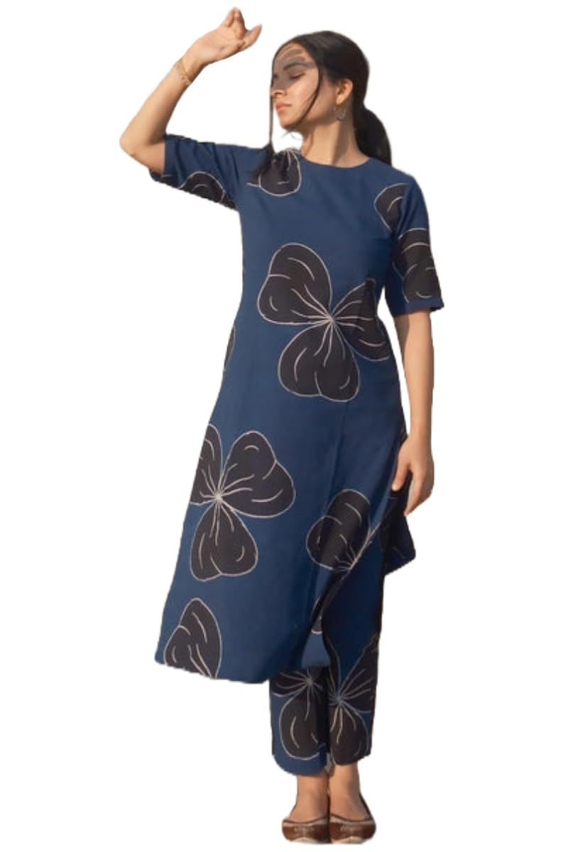ANNI DESIGNER Womens Rayon Viscose Straight Printed Kurta with Pant (Kamo Blue_S_Blue_Small)