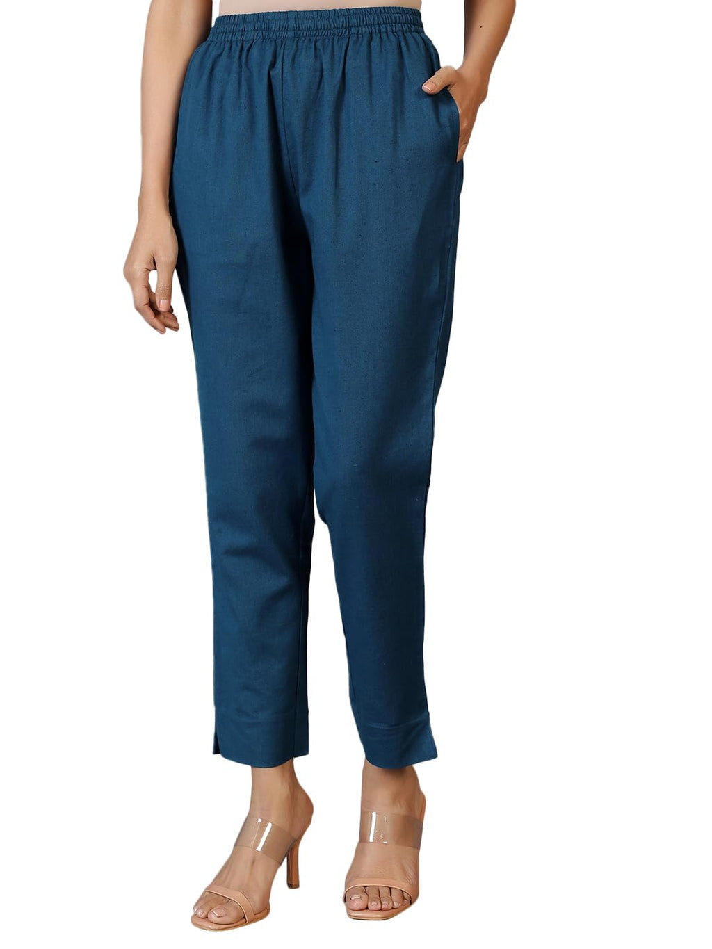 Libas Women Mid Rise Regular Casual Pants (Pl1539_Teal, Small)