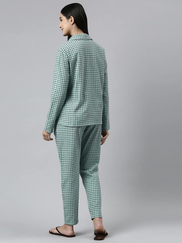 Enamor Essentials Relaxed Fit Cotton Flannel Woven Lazy Full Sleeve Shirt & Mid Rise Pant Set for Womens-EC20 (EC20_Soft Aqua Pl