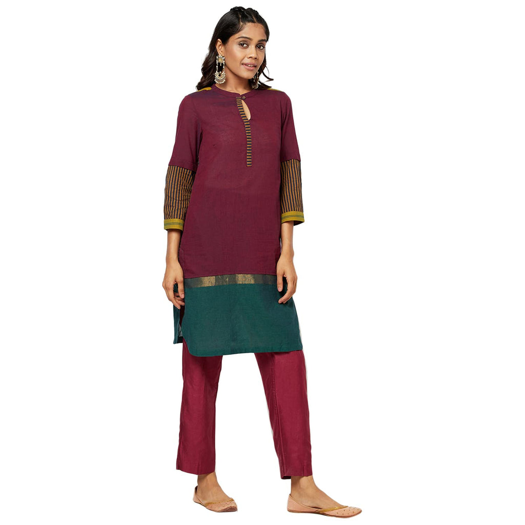 Fabindia Cotton Nagari Striped Tunic (Maroon-10697393)