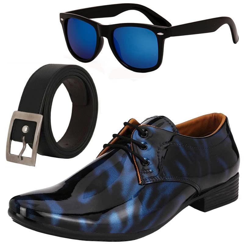 Vitoria Stylish Men Formal Shoes with Free Belt & Unisex Blue Wyfer Sunglasses Combo/8 8