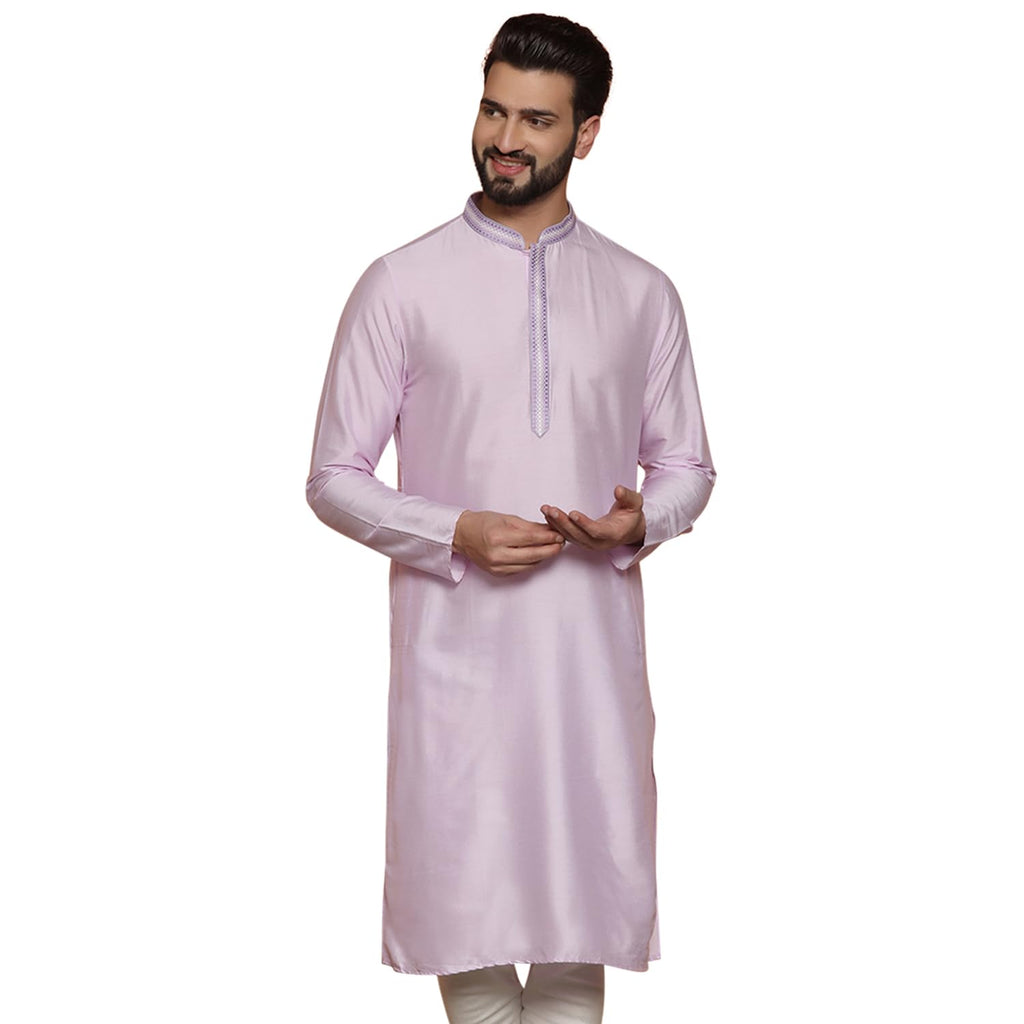 Kisah Men Lavender Kurta, Cotton, Full Sleaves, Knee Length, Straight, Regular Fit, Mandarin Collar Ethnic Wear