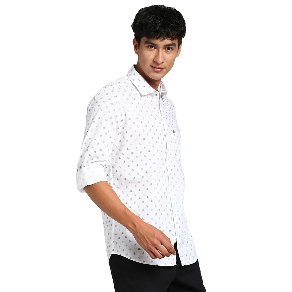 Turtle Men 100% Cotton White Printed Slim Fit Casual Shirt