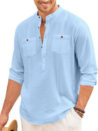 Macsivo Cotton Blend Solid Casual Short Kurta For Men Long Sleeve Mandarin Collar Stylish Shirt Kurta For Men Sky