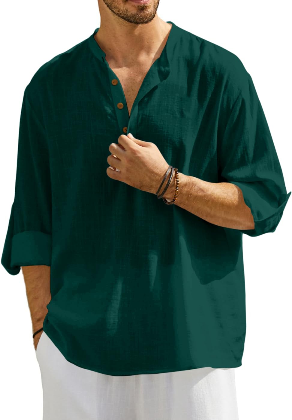 Zombom MenS Cotton Blend Solid Casual Regular Fit Mandarin/Chinese Collor Short Kurta Shirt Green