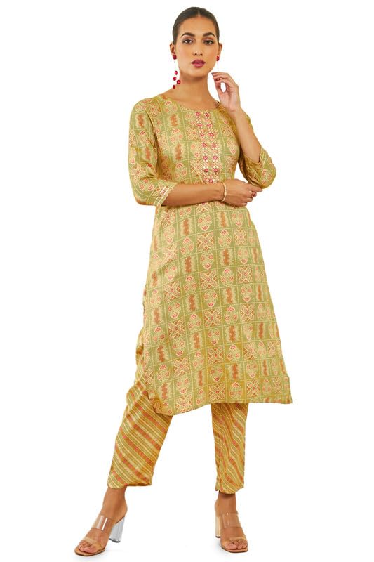 Soch Women Rayon Floral Print Round-Neck Straight Kurta Set