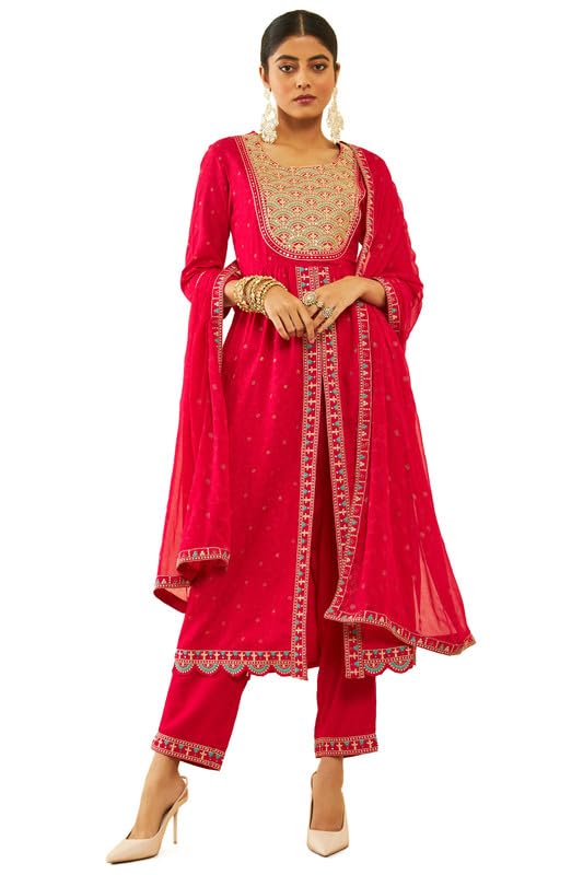 Soch Women Rayon Slub Embroidered Suit Set with Dupatta