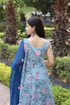 ANNI DESIGNER Womens Cotton Blend Anarkali Printed Kurta with Pant & Dupatta (GOANNI Blue_L_Blue_Large)