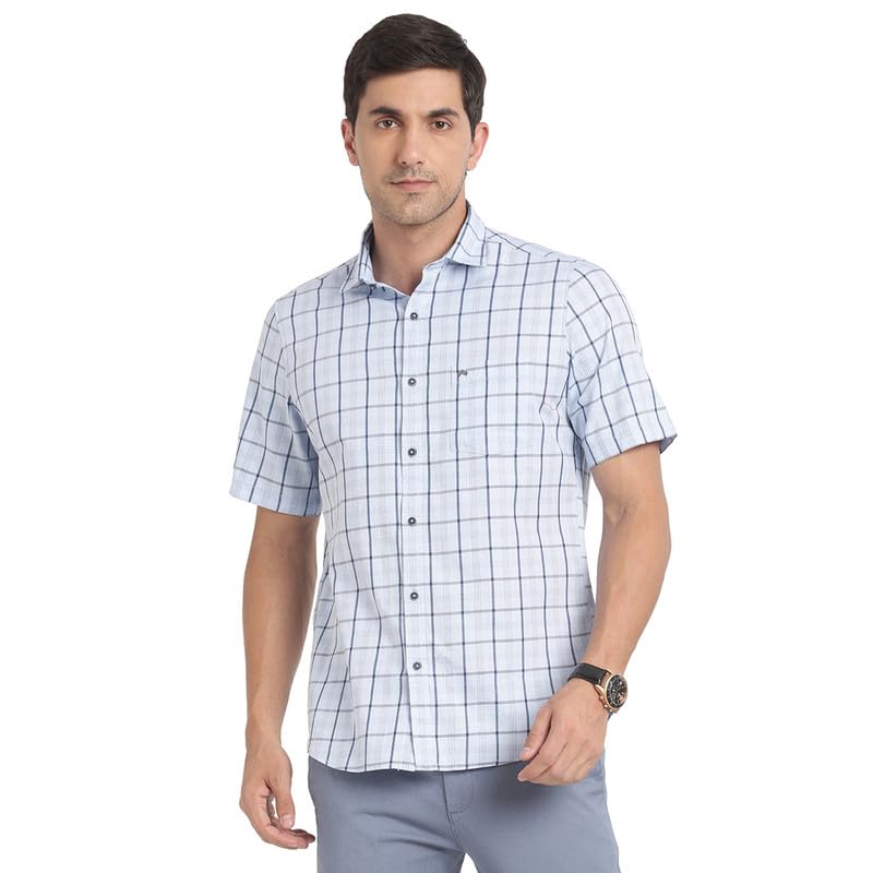 Turtle Men Pure Cotton Sky Blue Checked Slim Fit Casual Shirts (46)