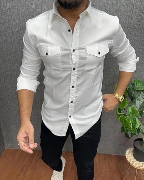 Rebelify Double Pocket With Flap Men Cargo Cotton Shirt White