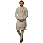 Kisah MenS Peach And Beige Indo-Western Kurta Sherwani Churidar Set Cotton Full Sleaves, Knee Length, Straight, Regular Fit, Ma