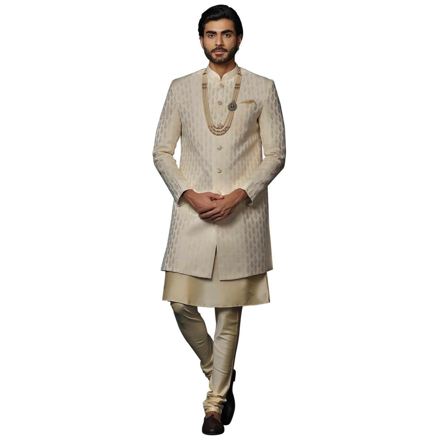 Kisah MenS Peach And Beige Indo-Western Kurta Sherwani Churidar Set Cotton Full Sleaves, Knee Length, Straight, Regular Fit, Ma