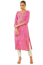 Soch Womens Pink Rayon Kurta With Bandhani Print And Floral Embroidery