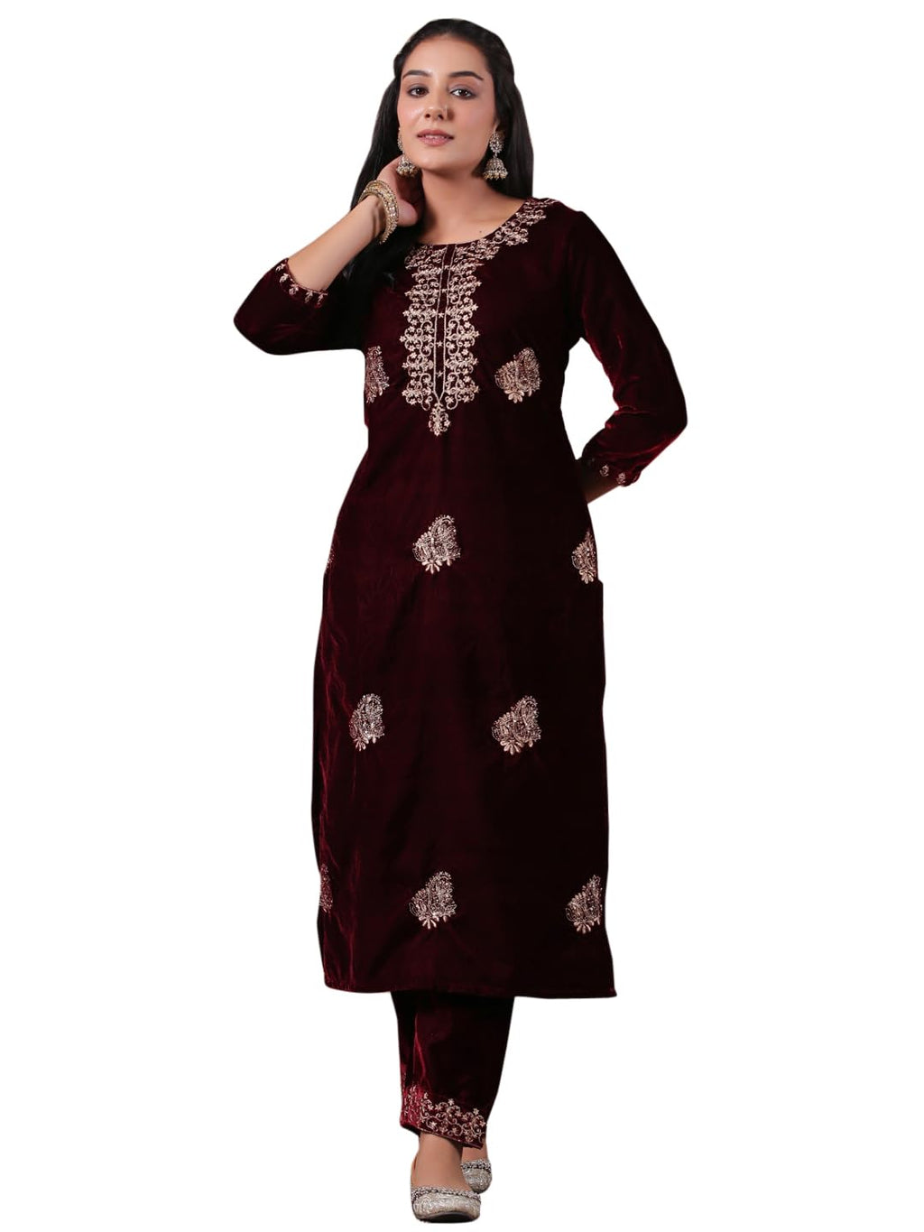 Ishin WomenS Velvet Ethnic Motifs Zari Maroon Straight Kurta Suit Set With Trousers & Dupatta