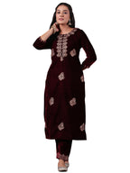 Ishin WomenS Velvet Ethnic Motifs Zari Maroon Straight Kurta Suit Set With Trousers & Dupatta