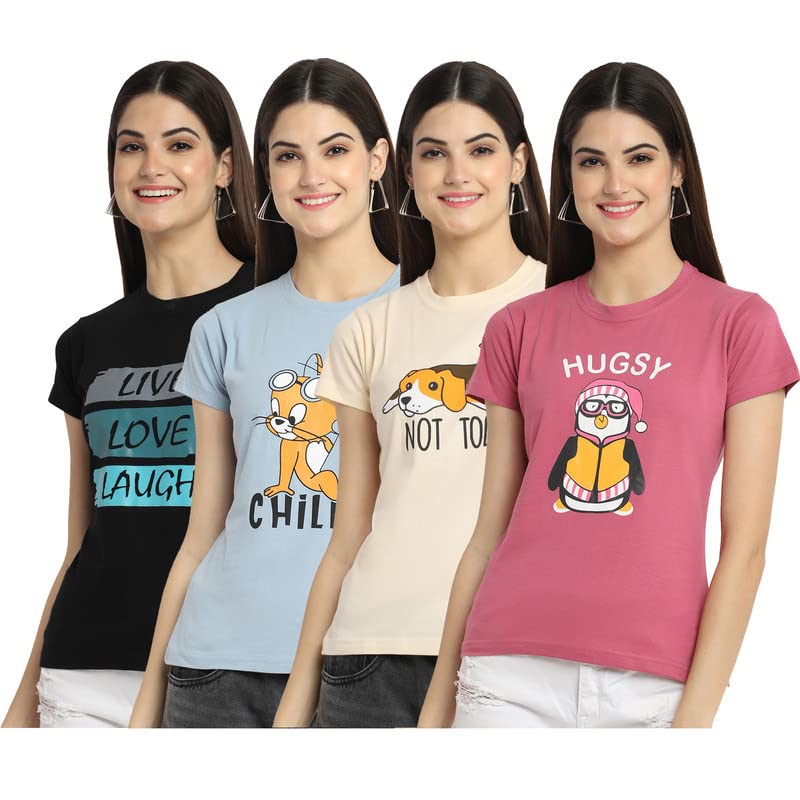 Preneum Womens Cotton Regular Fit Latest Graphic Stylish Printed Short Sleeves Casual T-Shirt (Pack 4), Black & Grey & Cream & 