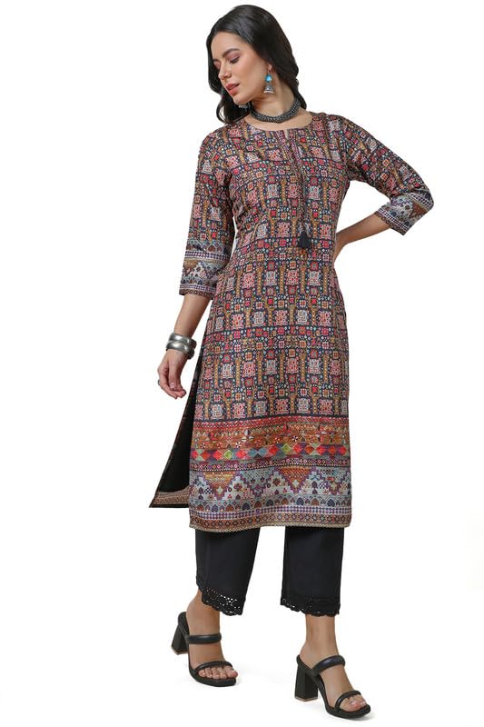 Soch Womens Black Abstract Print Silk Blend Kurta With Tassels