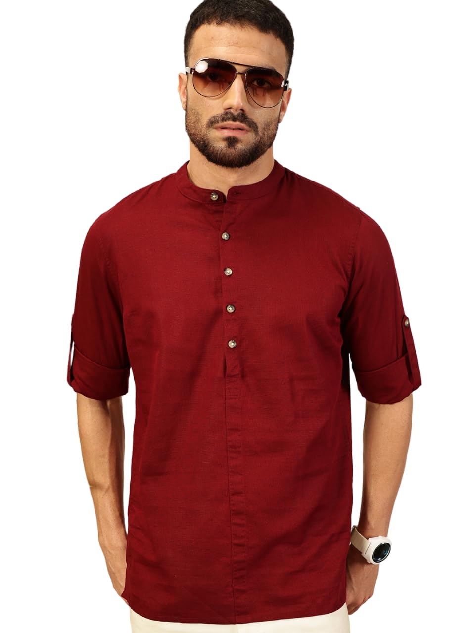 Thomas Scott Mens Linen Solid Kurta Shirt (Ts1529_Maroon_M)