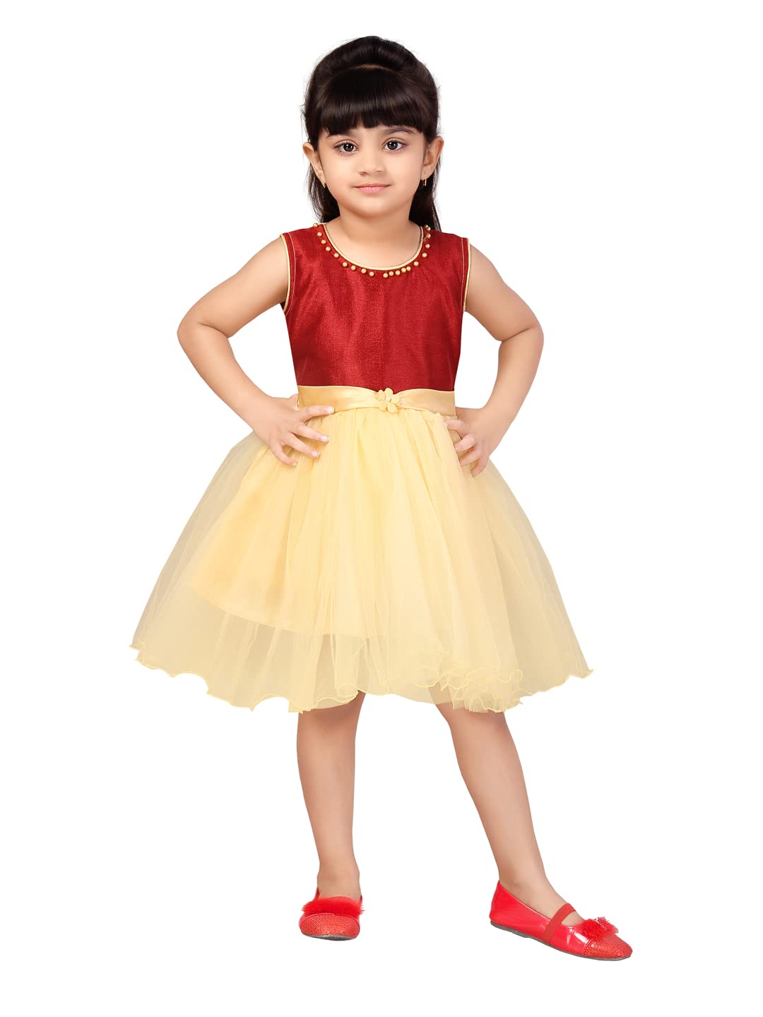 Aarika Girls Net Fit and Flare Knee-Length Dress (FK-SHM-1505_Maroon