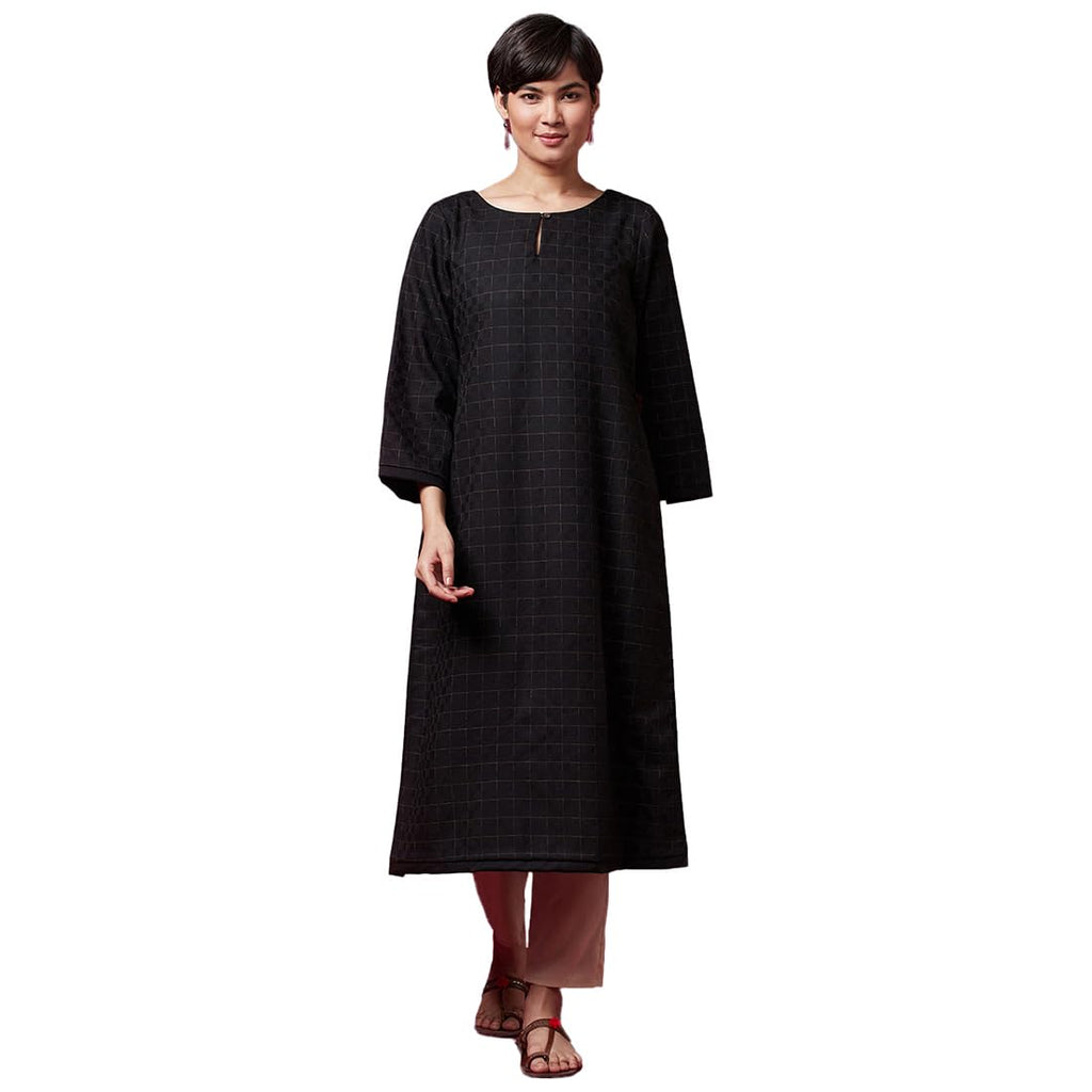 Fabindia Women'S Black Wool Tweed Check Long Kurta 100788801