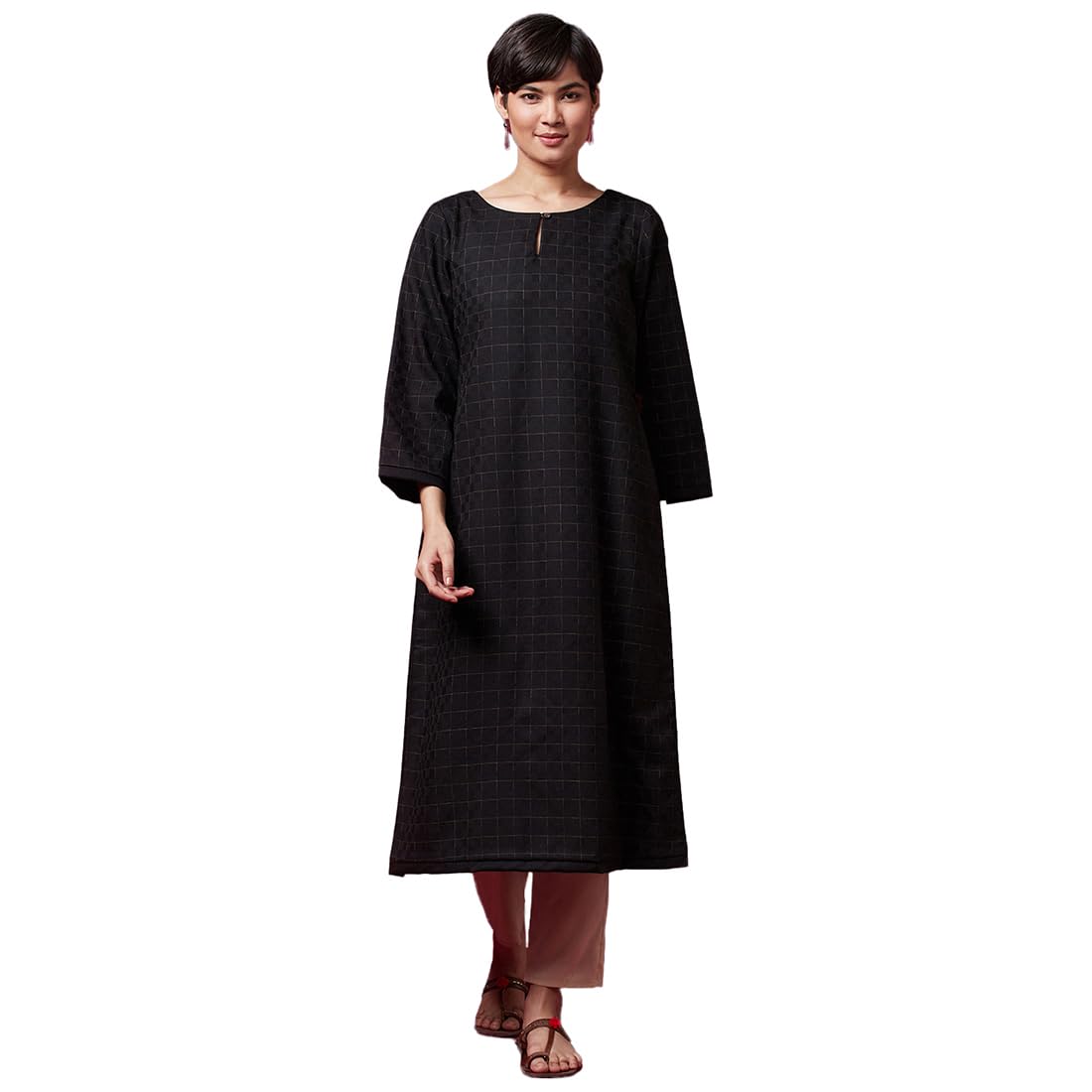Fabindia Women'S Black Wool Tweed Check Long Kurta 100788801