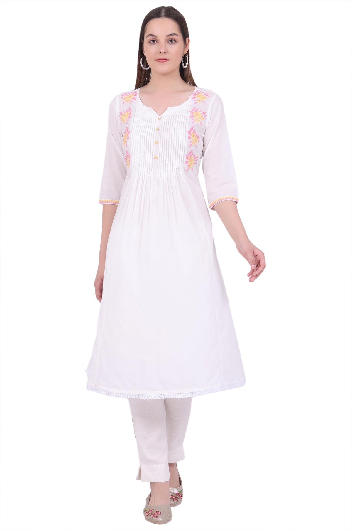 Aurelia Womens White Embroidered Pure Cotton A-Line Kurta (Size: M)-A15735-608183