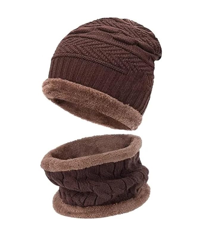 Tradehub Unisex Winter Knit Neck Scarf And Warm Beanie Cap Hat Combo (Brown)  22-23.6