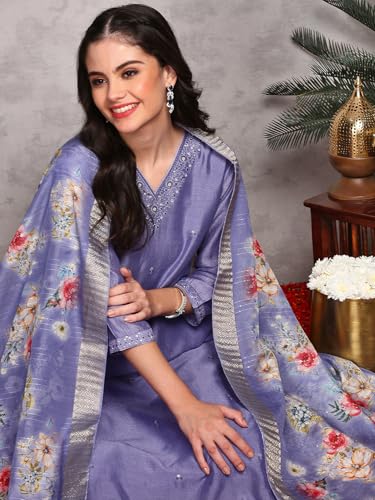 Ishin Floral Embroidered V-Neck Three-Quarter Sleeves Kurta With Trousers & With Dupatta | Kurta Set For Women | Kurta With Trou