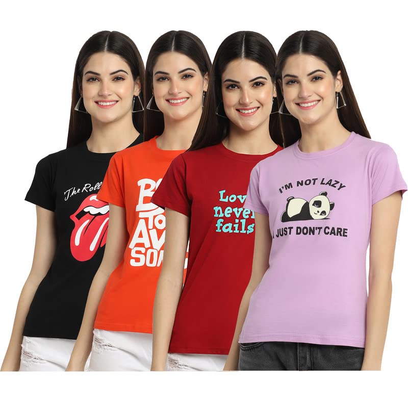 Preneum Womens Cotton Regular Fit Latest Graphic Stylish Printed Short Sleeves Casual T-Shirt || Latest Trendy & Style (Pack 4)